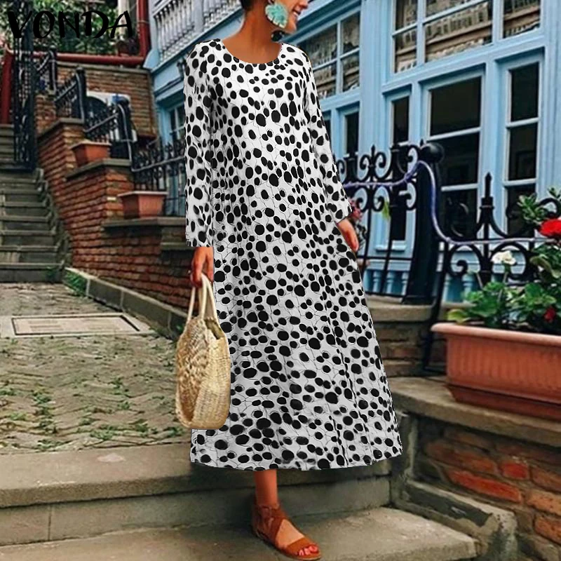 

VONDA Women Plus Size 2019 Autumn Dress Bohemian Sundress Casual Loose Vintage Long Sleeve Dot Print Maxi Dresses Party Vestidos