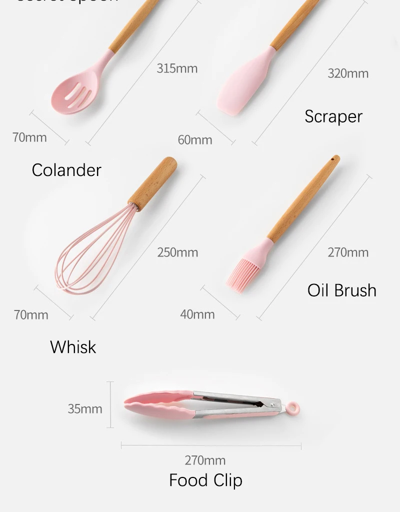 Pink Cooking Kitchenware Tool Silicone Utensils With Wooden Multifunction Handle Non-Stick Spatula Ladle Egg Beaters Shovel