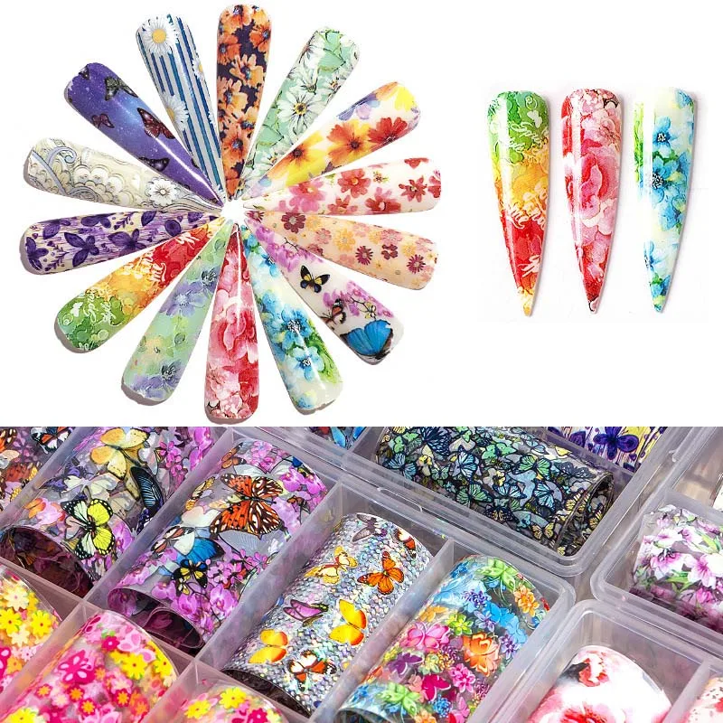 10 маникюр рулонов/коробка Цветы бабочки голографические наклейки из фольги для ногтей переводные наклейки бумага дизайн ногтей украшения обертывания инструменты наконечник