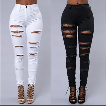 

Summer woman stretch small leg pants Europe and the United States slim worn hole female women jeans