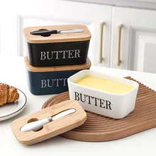Ceramic Butter Sealing Box With Wood Lid Knife Cheese Plate Storage Tray Snack Fruit Dish Food Container Keeper Tool For Kitchen