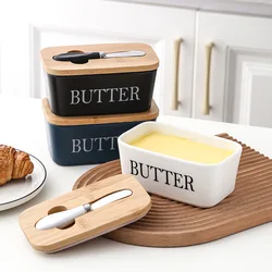 Ceramic Butter Sealing Box With Wood Lid Knife Cheese Plate Storage Tray Snack Fruit Dish Food Container Keeper Tool For Kitchen