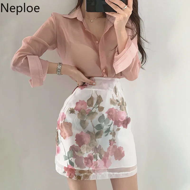 Neploe 2 Piece Set Women Korean Chic Transparent Long Sleeve Shirts+Flower Print High Waist A Line Skirts Fashion Suits 1B491 |