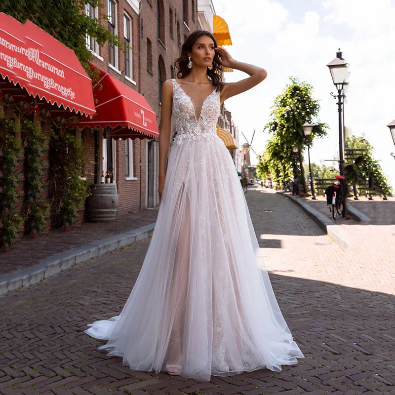 

Thinyfull Beach Lace Wedding Dresses Sheer Deep V-Neck Appliques Champagne Bride Gowns With Side Split Country Vestido De Novia