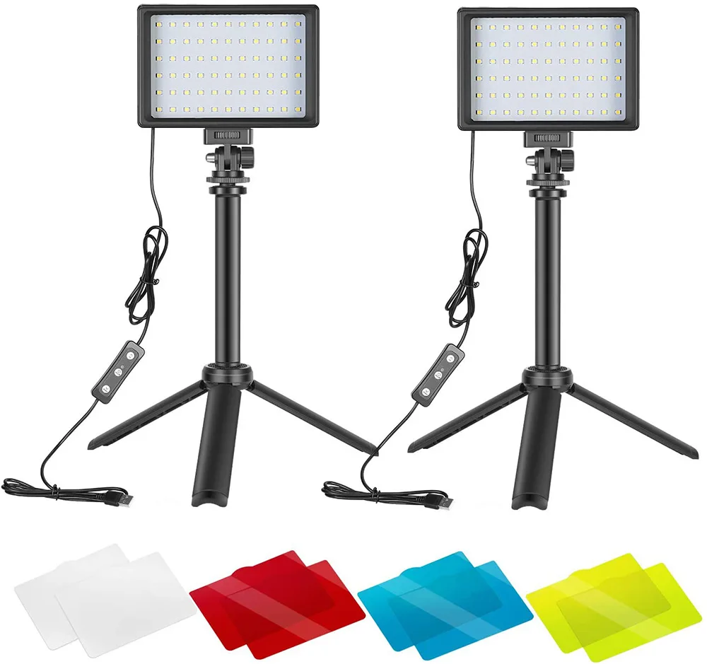2 Packs Portable Photography Lighting Kit Dimmable 5600K USB 66 LED Video Light with Mini Adjustable Tripod Stand