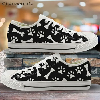 

ELVISWORDS Canvas Vulcanized Shoes Women Flats Dog's Paw Bone Print Lightweight Sneakers Fashion Ladies Casual Shoes Autumn