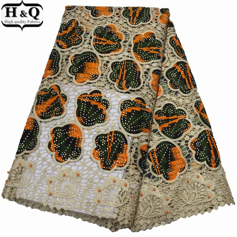 

African Cord Lace Fabric With Print Wax Patchwork 5 Yards/Piece Nigerian Guipure Lace Water Souble Lace Mix Wax Fabric For Party