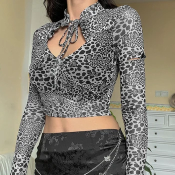 

Dossni Sexy Women T Shirt See Through Turtleneck Tee Tops Long Sleeve Gothic E-Girl Leopard Print Female Summer Crop Tops Y2k