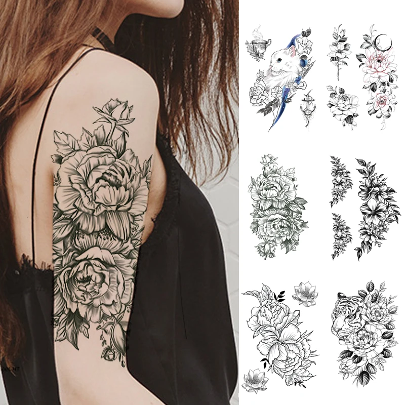Tatuaje de flor temporal para brazo y brazo, tatuaje de flor Sexy para arte corporal, tatuaje de imitación resistente al agua, Tigre, pegatinas de tatuaje para mujer y hombre