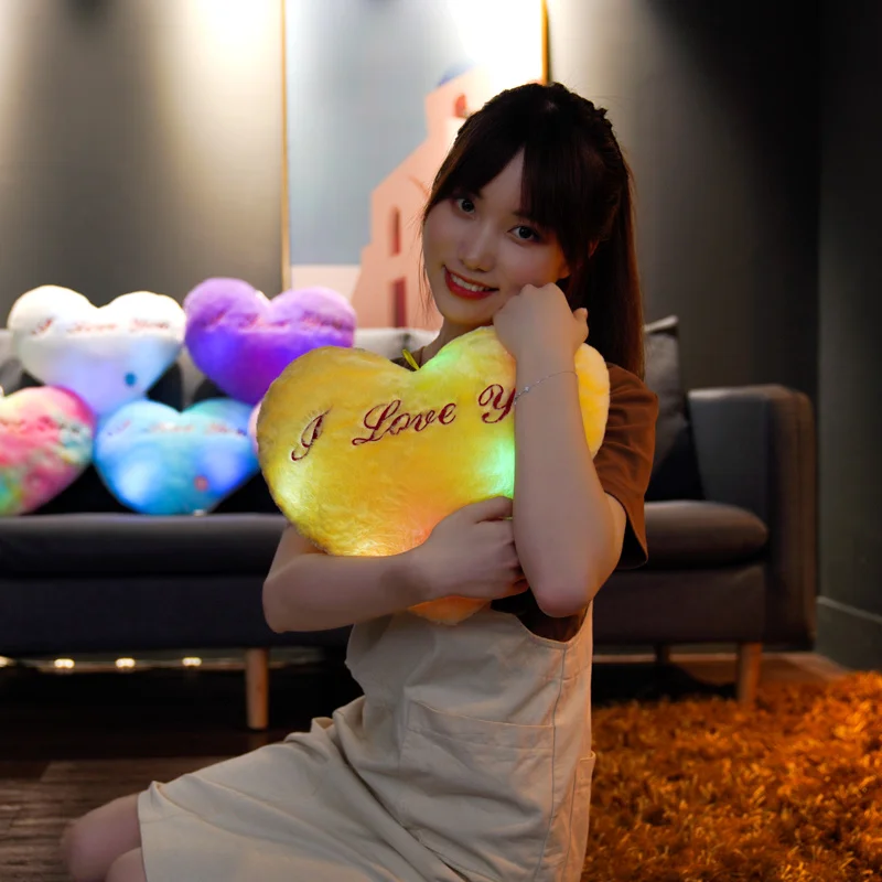 Plush Toys 1pc 35CM Glowing Heart Shaped Plush Pillow Stuffed Decorate I LOVE U Colorful Luminous Toy Kids Companion Present Lovers Gift