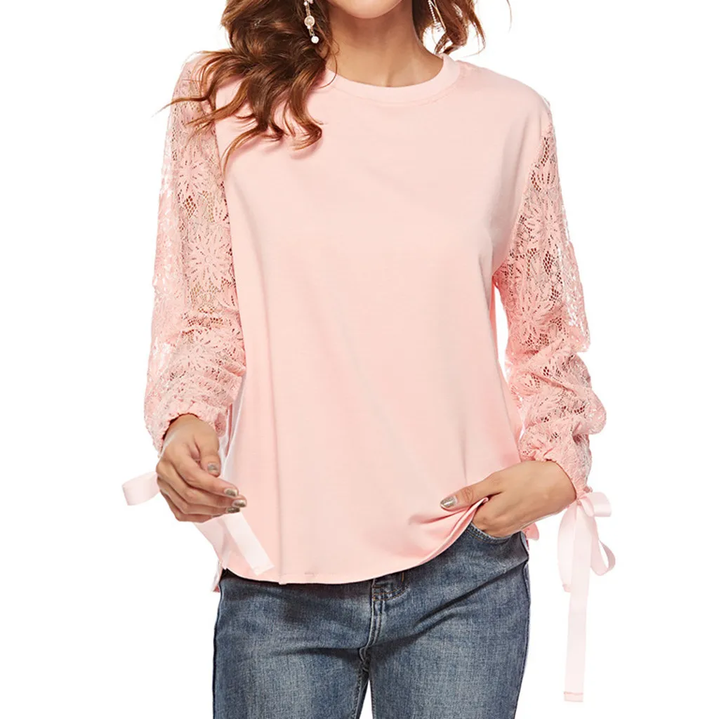 hoodies and sweatshirts women Bow Hollow Out Long Sleeve Office Ladies O-Neck Top Pink Blouse sudaderas para mujer #X