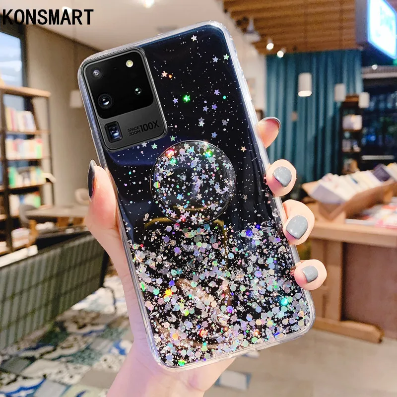 

KONSMART For Samsung Galaxy S20 Ultra Case Glitter Star Clear Silicone Back Cover For Samsung S20 Plus Phone Case With Holder