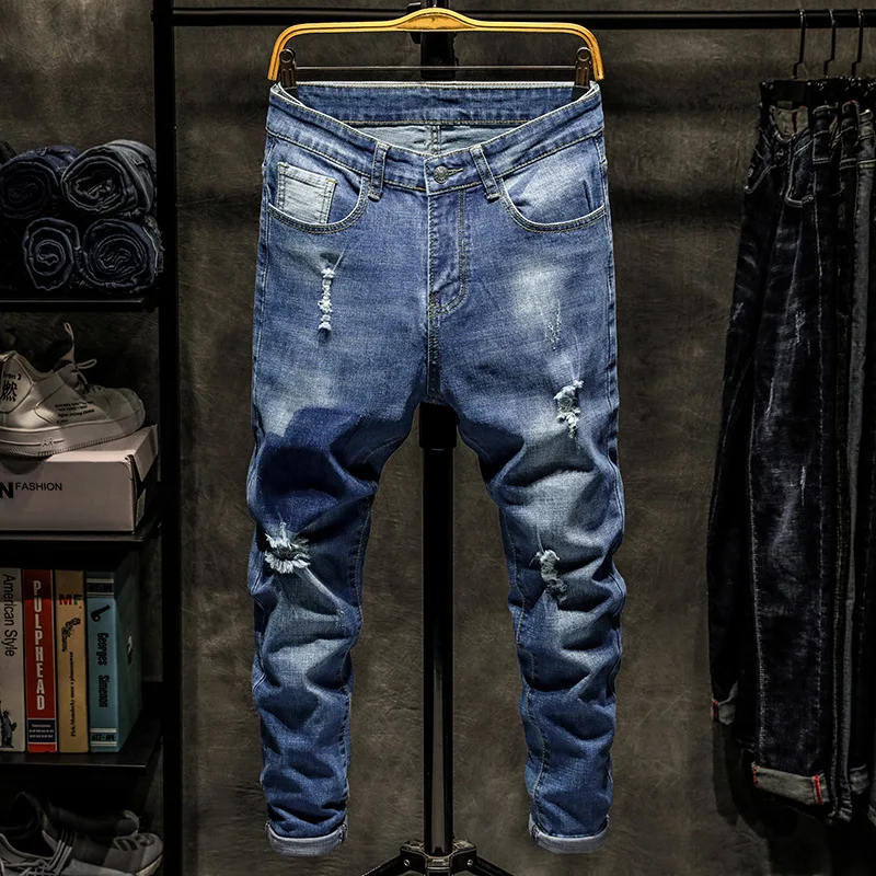 Весенне-летние мужские джинсы до щиколотки джинсовые Выбеленные рваные потертые