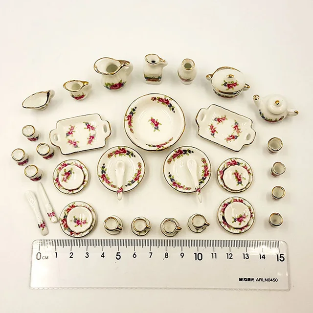 Miniature doll house pink Flower Patten Porcelain Coffee Tea Cups Ceramic Tableware Dollhouse Kitchen Accessories 3