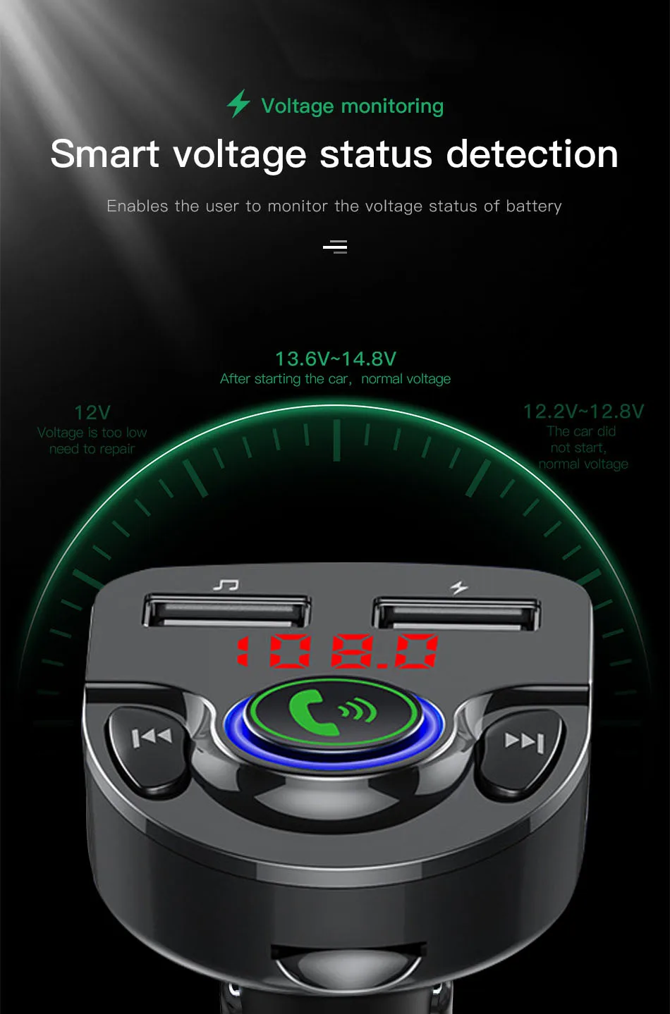 JINSERTA fm-передатчик Bluetooth Автомобильный MP3-плеер адаптер напряжение батареи Поддержка TF карта U диск громкой связи двойной USB Автомобильное зарядное устройство