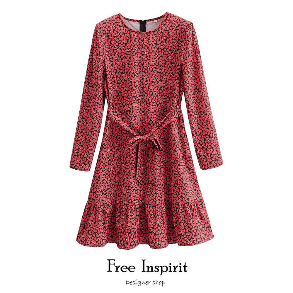 

Free Inspirit Bohemian Style A-line Sashes Decorated Full Sleeve O-neck Rose Pattern Print Women's Above Knee Mini Dress
