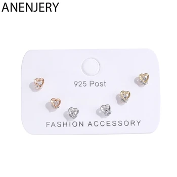 

ANENJERY Delicate Small 6-piece Earrings Set Gold Silver Color Zircon Love Heart Earrings For Women Friend Gift S-E1223