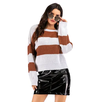 

2019 Explosion Women's Color Block Sweater Autumn and Winter New Sexy Leisure Color Block Sweater