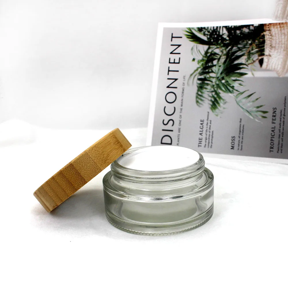 Прозрачная стеклянная банка для крема 30 г с экологически чистой бамбуковой