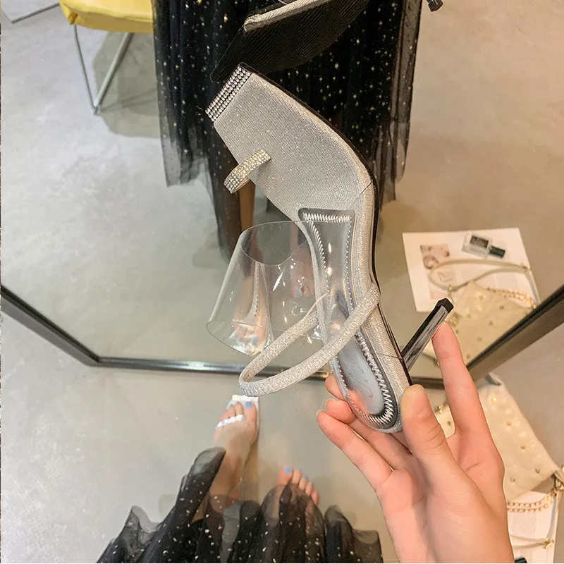 Fashion Rhinestone PVC Transparent Shoes Stilettos High Heels Sandals Women Sexy Party Silver Party Wedding Shoes Ladies Sandals (10)