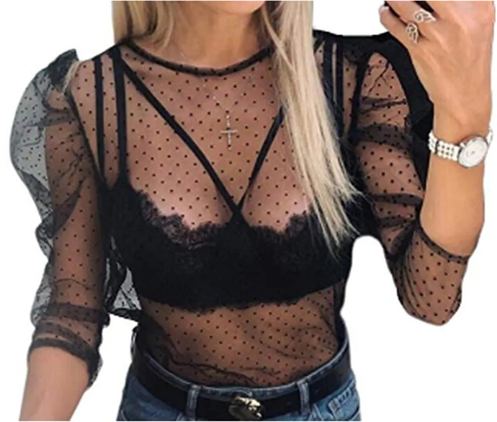 

Sexy Women Perspective Lace Mesh Shirt Long Sleeve Tee Tops Transparent Blouse
