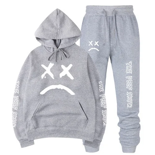 Gray RIP Lil Peep Hoodies Sweatshirt+ Sweatpants Suits Men Women Hip Hop Lil Peep Cry Baby Pullover Two Piece Set Sudaderas - Цвет: Gray