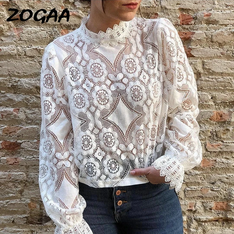 Женская кружевная блузка ZOGAA элегантная белая ажурная с вышивкой и длинным