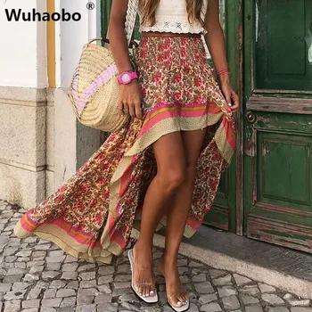 

Wuhaobo Unique Design Front Short Rear Length Print Maxi Skirts Women Sexy High Waist Boho Beach Elegant Irregular Long Skirt