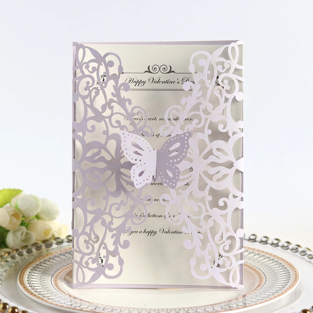  10pcs Cover + Inner Page + Envelope Paper Butterfly Cut Wedding Invitation Card With Ribbon Persona - 4000268571955