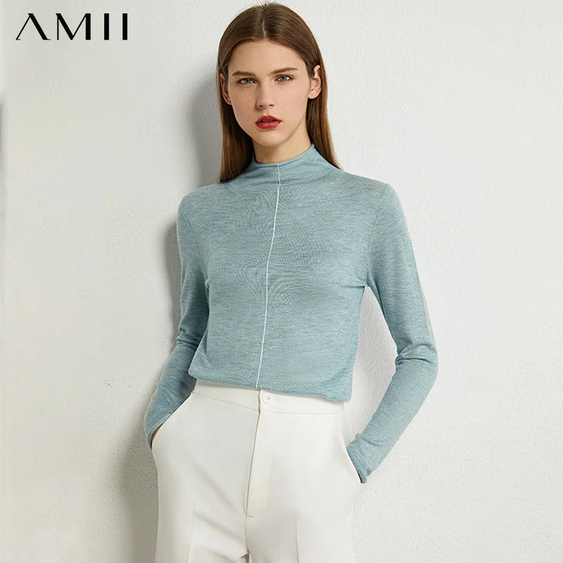 

AMII Minimalism Autumn Fashion Women Sweater Solid Thin Slim Fit Turtleneck Sweater Female Pullover Tops 12040610