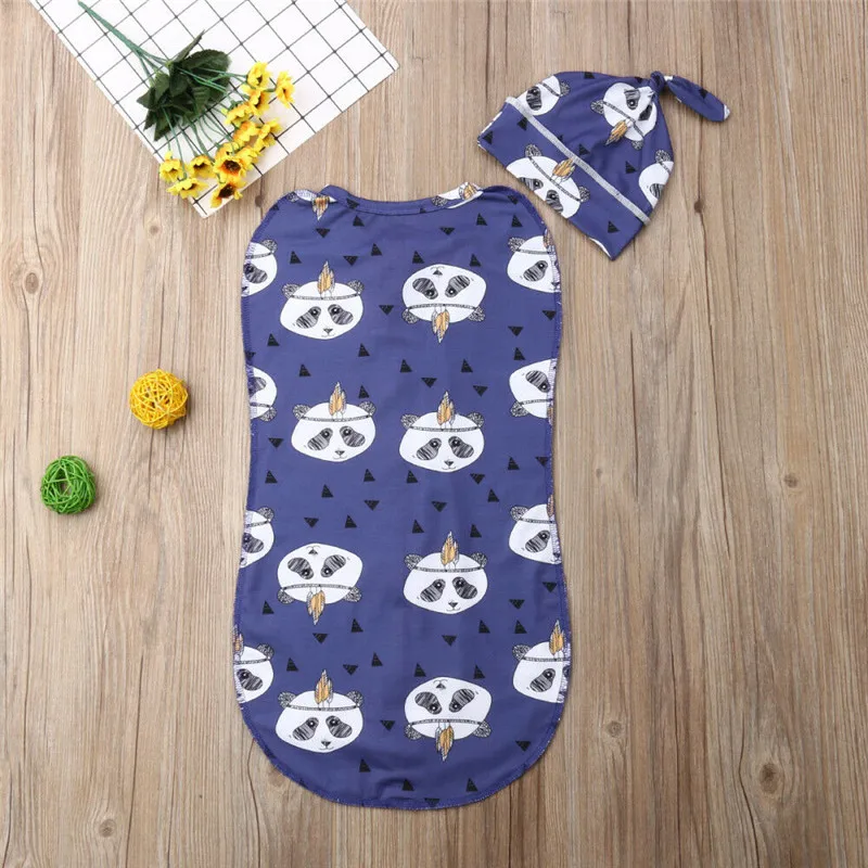 2Pcs Infant Baby Cartoon Printed Blanket Soft Plain Swaddle Muslin Wrap Swaddling Newborn Baby Zipper Cotton Sleeping Bag+Hat