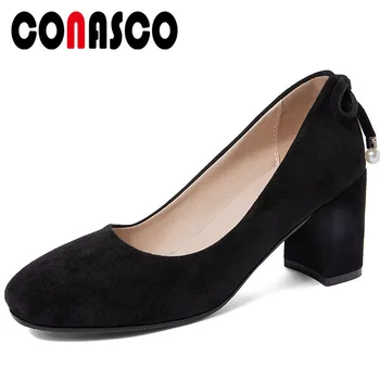 

CONASCO 2020 New Arrival Woman Pumps Kid Suede Spring Autumn Casual Butterfly Knot Pearl Decoration Round Toe Strange Style
