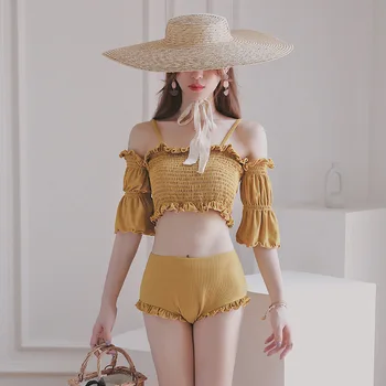 

Bikini 2020 Badpak Swimsuit Push Up With Cups Maillot Femme New Pleated One Shoulder Split Female Bra Hot Solid Spandex Sierra