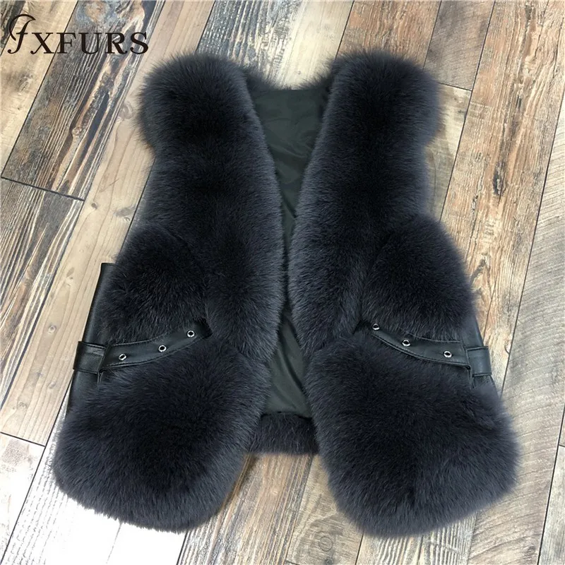 FXFURS жилет из натурального Лисьего меха женские модные меховые жилеты с заклепками без рукавов куртки короткое меховое голье кожаный зимний мех - Цвет: iron grey