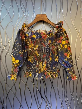 

2020 Spring and Summer New Women's Ruffled Neckline Decorative Printing Long-Sleeved All-match Short Shirt 621