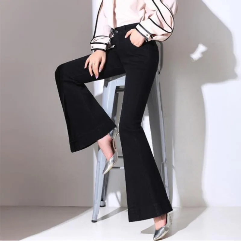 

#3009 Spring Autumn Elegant Flare Jeans Women Black/Blue Denim Bell Bottom Jeans Leg Opening Split Jeans Feminino Basic Long