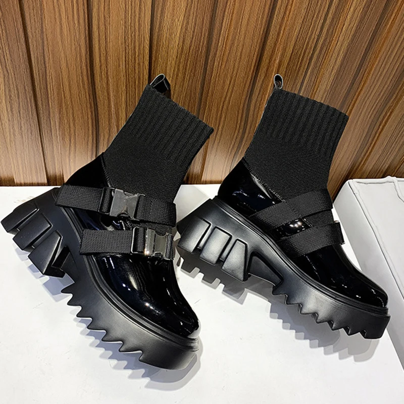 Dames Halfhoge Motorlaarzen Dubbele Metalen Gespen Gothic Lolita Booties  Dames Platte Platform Wedges Soklaarzen - AliExpress Schoenen