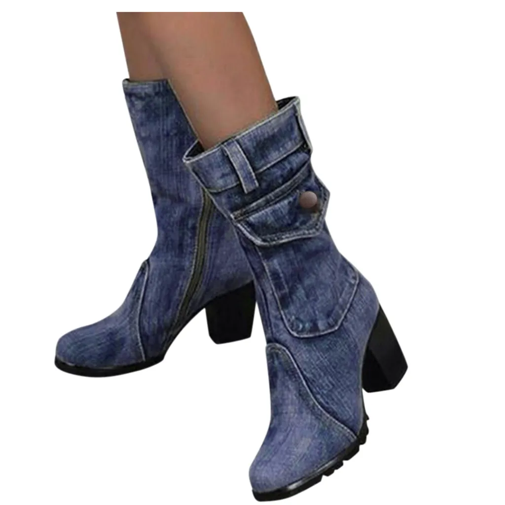 Пикантные джинсовые сапоги женские короткие сапоги до щиколотки зимние джинсовые сапоги на среднем каблуке г. Женские стильные джинсовые сапоги обувь на молнии ковбойская обувь 9,16