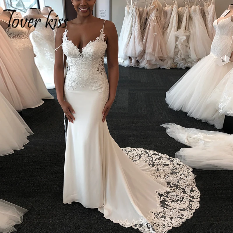Lover Kiss Vestido De Noiva Sexy Mermaid Wedding Dress Beaded Paghetti Straps Lace Backless Bridal Gown with Train robe de marie