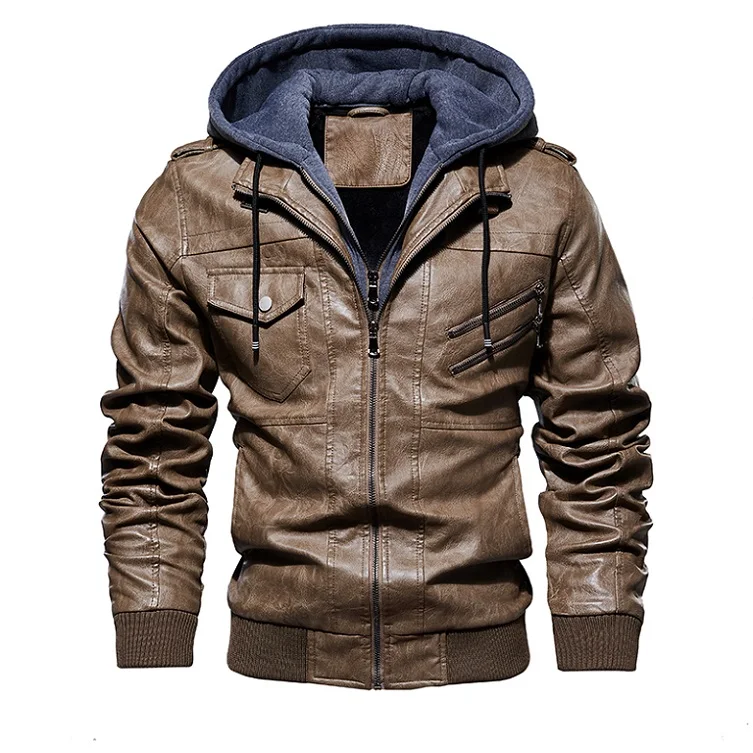 Зимняя мужская кожаная куртка с капюшоном, мотоциклетная бейсбольная куртка из искусственной кожи, Мужская теплая флисовая ветровка, верхняя одежда, куртки с капюшоном, Jaqueta - Цвет: DDT14 Khaki