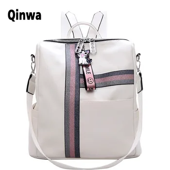 

Women's Daypacks Striped Casual Backpacks High Quality Leather Backpack Fashion Cute Pendant Girls Black School Bag 2020 new