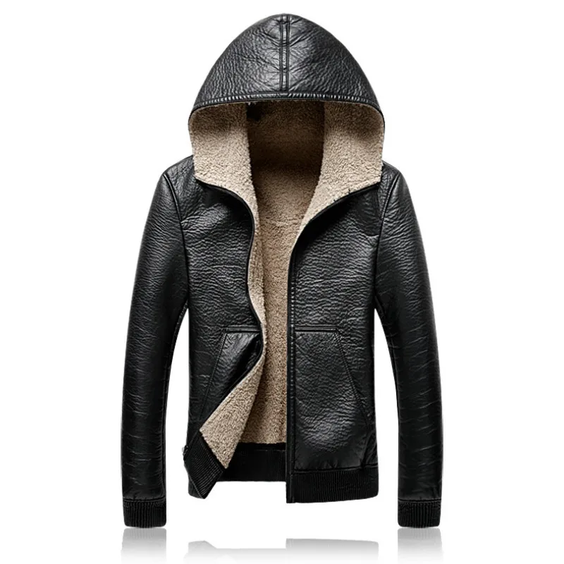 

Hooded Jackets 2020 winter Business Casual Plus Thick Warm Windproof Fleece PU Leather Coats Motorcycle Suede Jacket