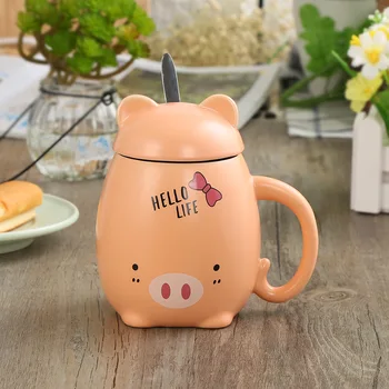 

Creative Ceramic Mug with Lid and Spoon Piggy Cartoon Cute Animal Milk Coffee Cup Couple Drinking Cups and Mugs Drinkware Lift