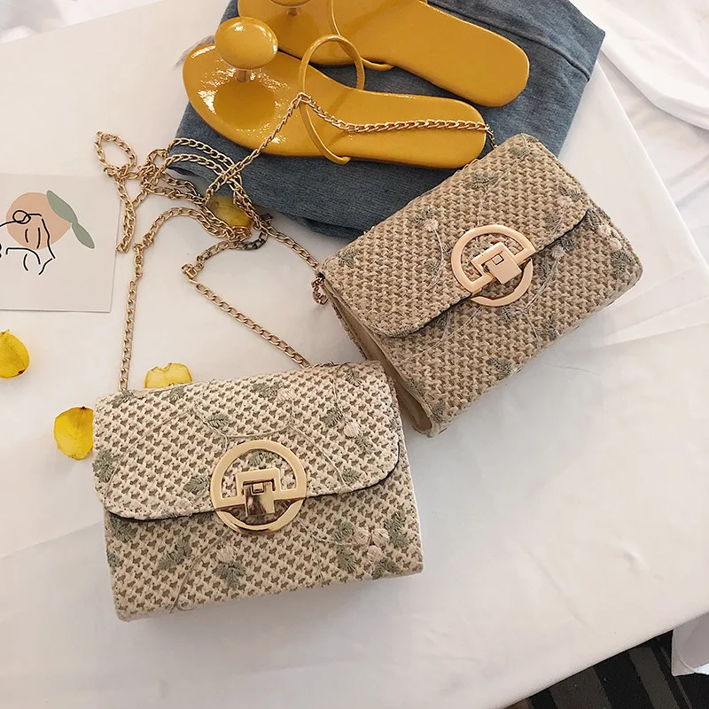 

Straw Women's Bag 2019 New Chaohan Version Weaving Bag Leisure Single Shoulder Slant Chain Small Square Bag In Summe