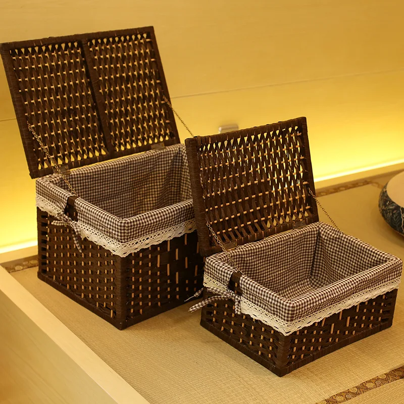 

Rattan Clothes Storage Basket with Lid Storage Basket Desktop Storage Box Toy Dirty Clothes Storage Box Weaved Storage Basket