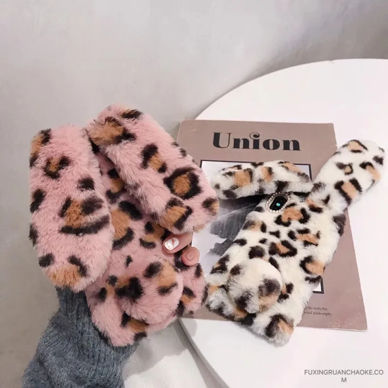 3D Меховой чехол с кроличьими ушками пушистый меховой для iPhone 11 чехлы леопардовым