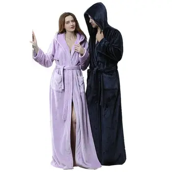 

Men Women Long Towelling Bath Robe Dressing Gown Coat Flannel Hooded Bathrobe