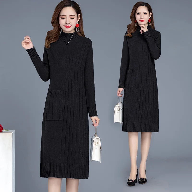 

autumn Winter New Turtleneck Sweater Maxi long Dress Women Knitted Full sleeve Dress Female Knitwear Soft Stylish Four-color