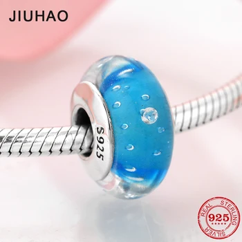 

100% Authentic 925 Sterling Silver Light Blue Bubble Murano Glass Beads Fit Original European Charms Bracelet Jewelry Making