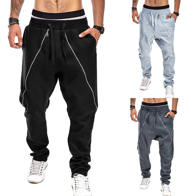 

2020 sweatpants men's diagonal zipper drawstring casual trousers down pants